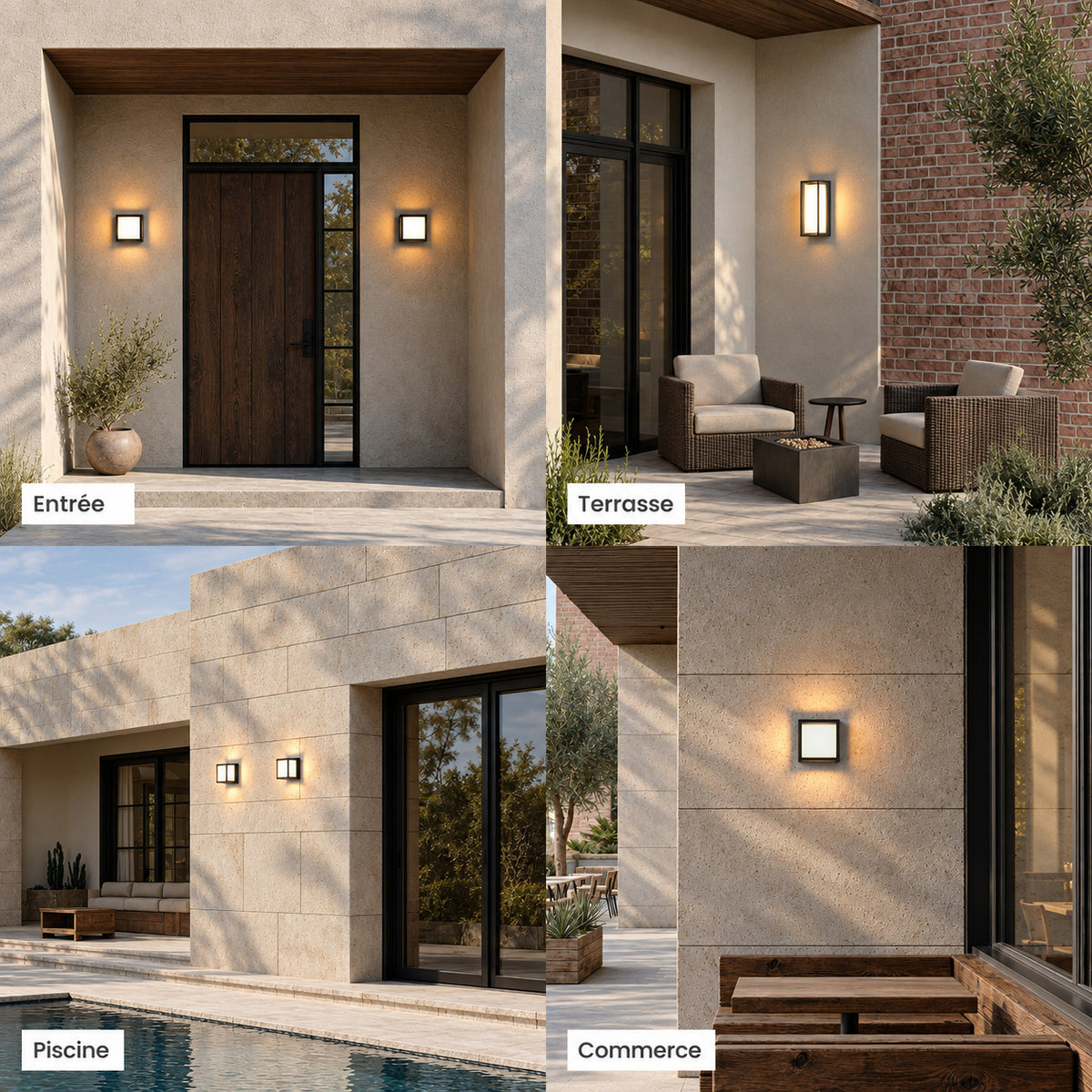 Applique géométrique noire allumée sur une entrée, une terrasse, au bord d’une piscine et sur un commerce