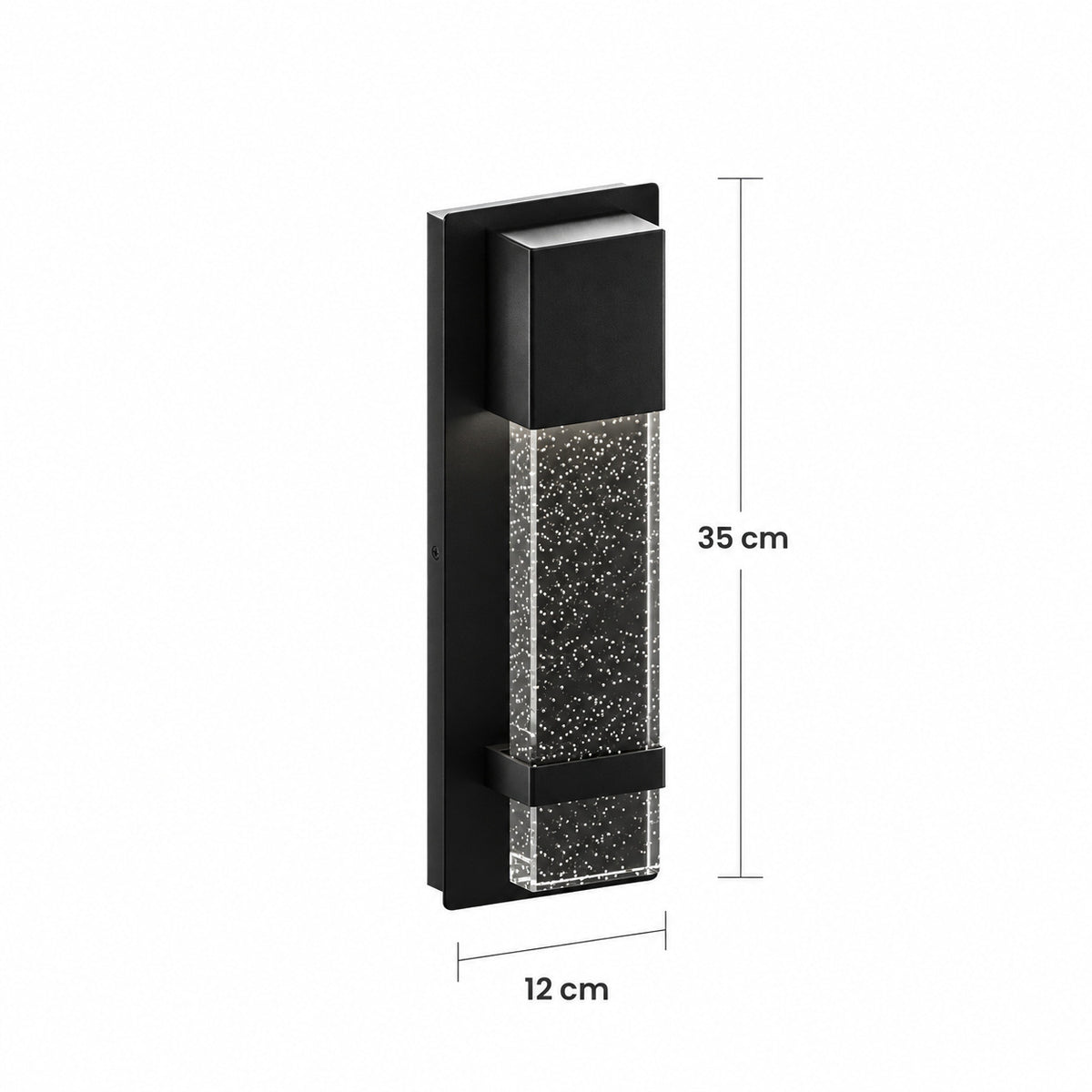 Schéma des dimensions de l’applique extérieure noire : hauteur 35 cm, largeur 12 cm