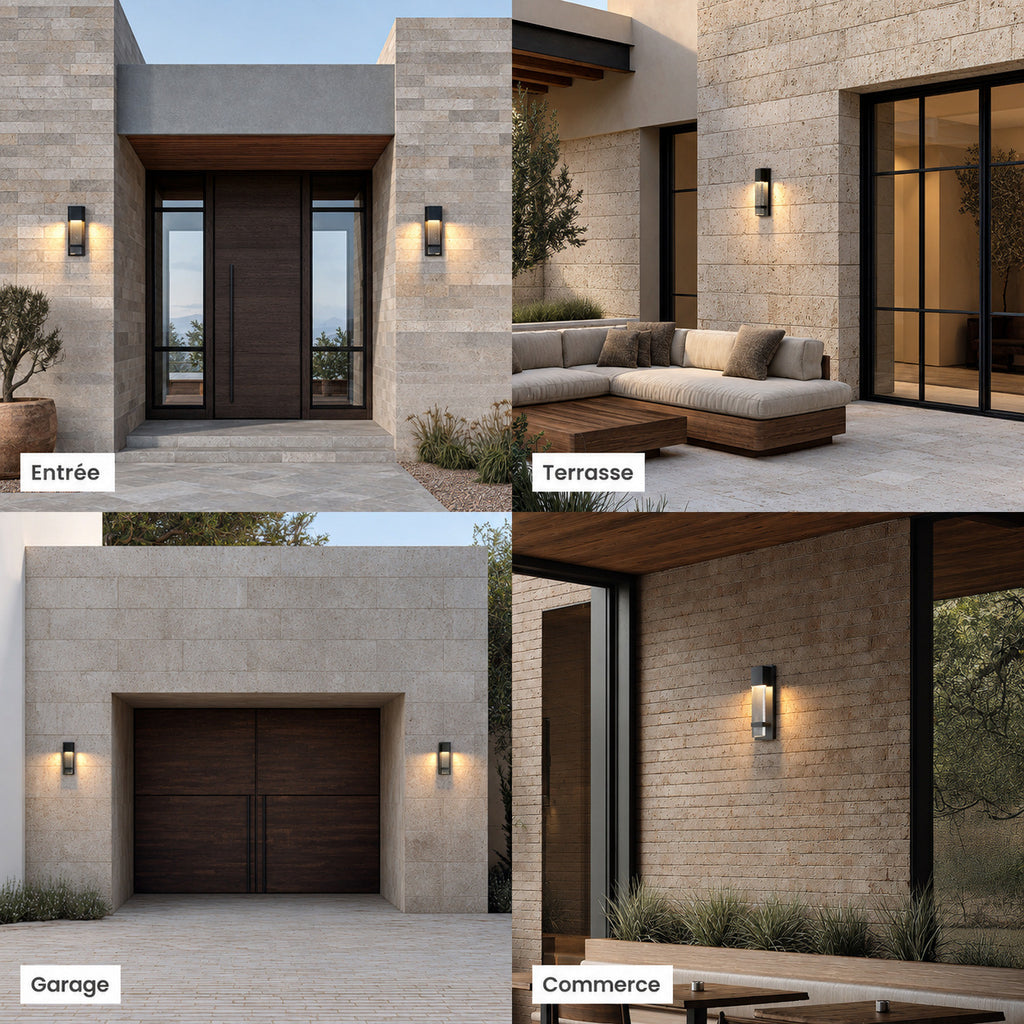 Appliques extérieures noires allumées à l’entrée d’une maison, sur une terrasse, sur un garage et sur la façade d’un commerce