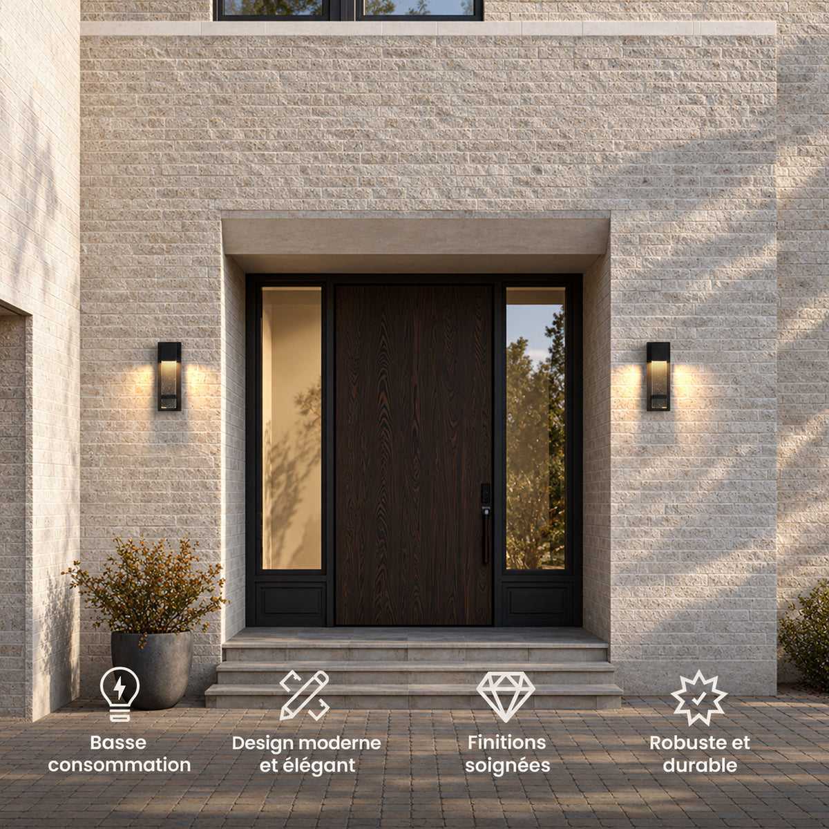 Deux appliques extérieures noires encadrant une porte d’entrée : basse consommation, design moderne et élégant, finitions soignées, robuste et durable