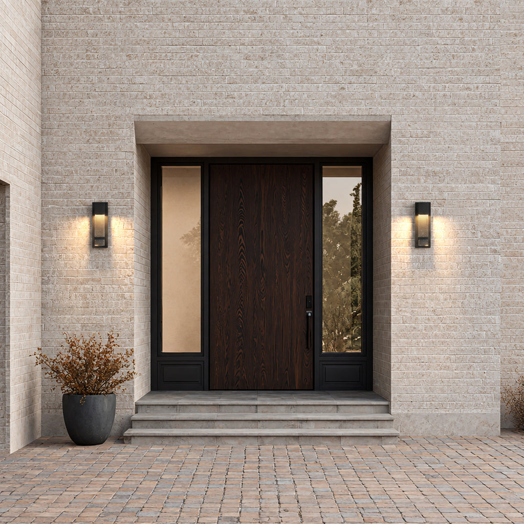Paire d’appliques extérieures noires allumées de part et d’autre d’une porte d’entrée en bois sombre, façade en brique claire