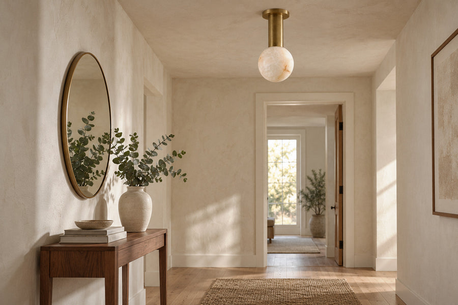 Pestle Alabaster Flush Mount alabaster and brass ceiling light in a hallway by day, switched off (AI-generated scene)