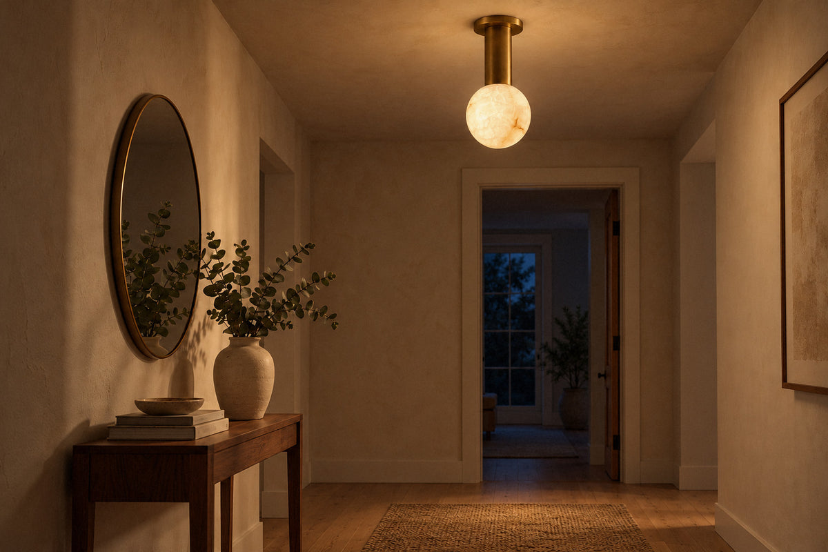 Pestle Alabaster Flush Mount alabaster and brass ceiling light in a hallway at night, lit (AI-generated scene)