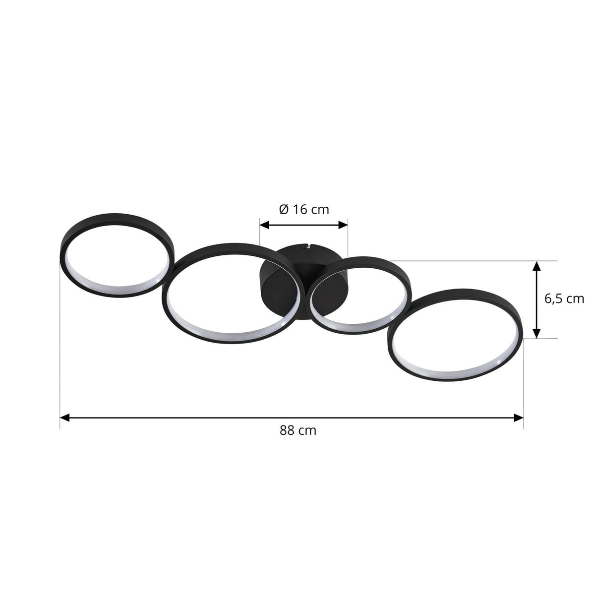 Plafonnier LED 4 anneaux noir 88 cm - schéma des cotes