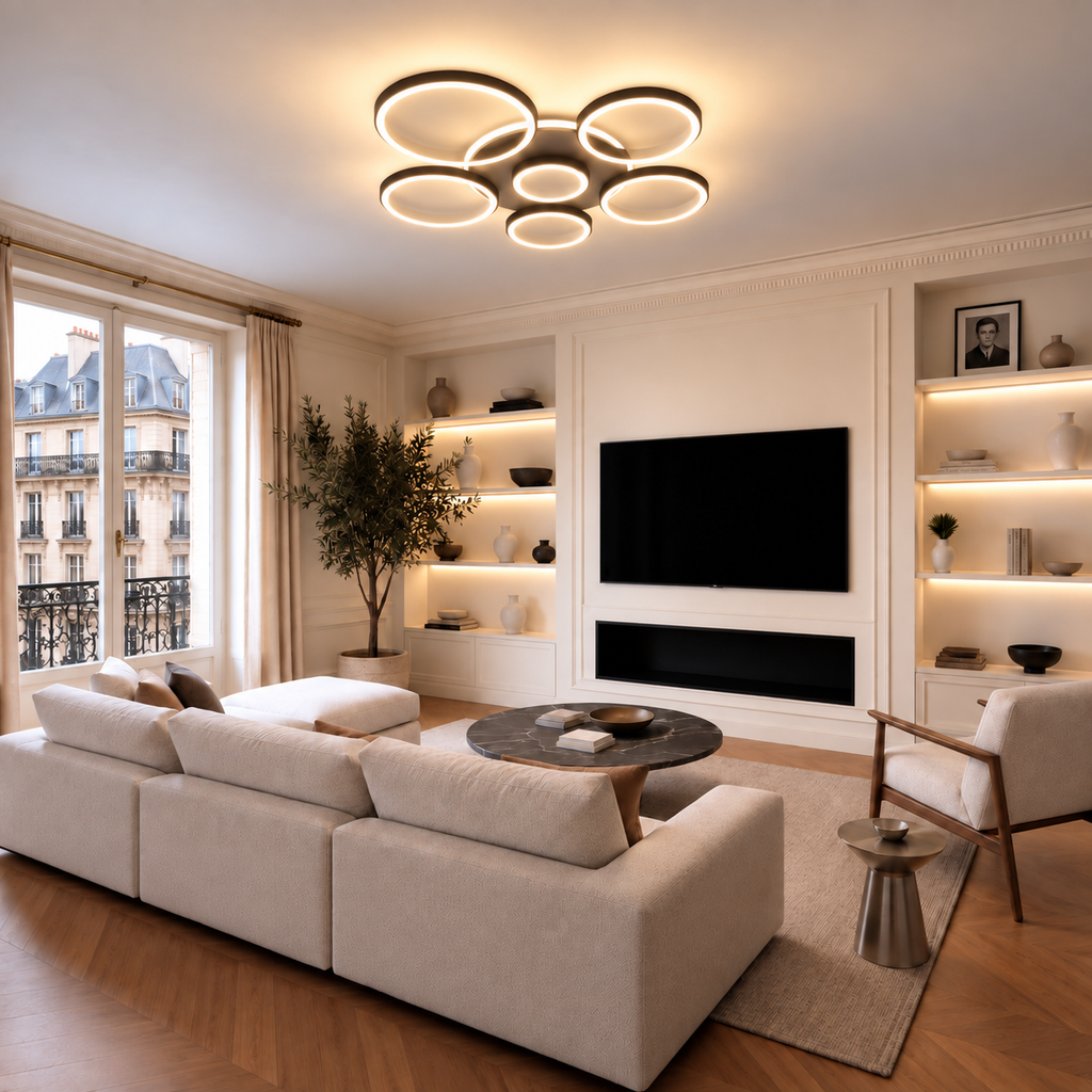 Plafonnier LED noir 7 anneaux Ø110 cm allumé dans un salon en journée