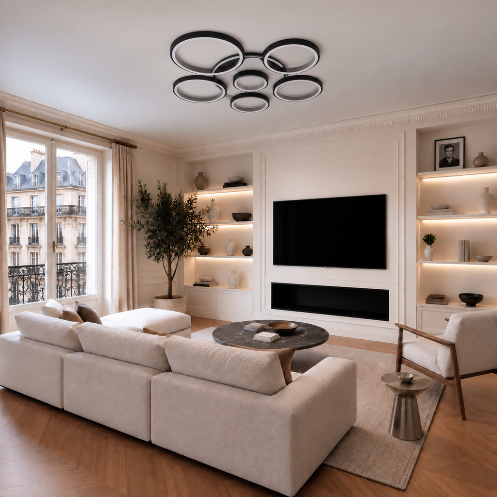 Plafonnier LED noir 7 anneaux Ø110 cm éteint dans un salon en journée