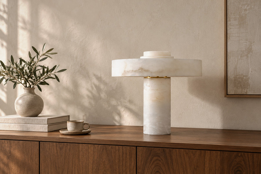 Plinth Alabaster Table Lamp, alabaster table lamp in a living room by day, switched off (AI-generated scene)