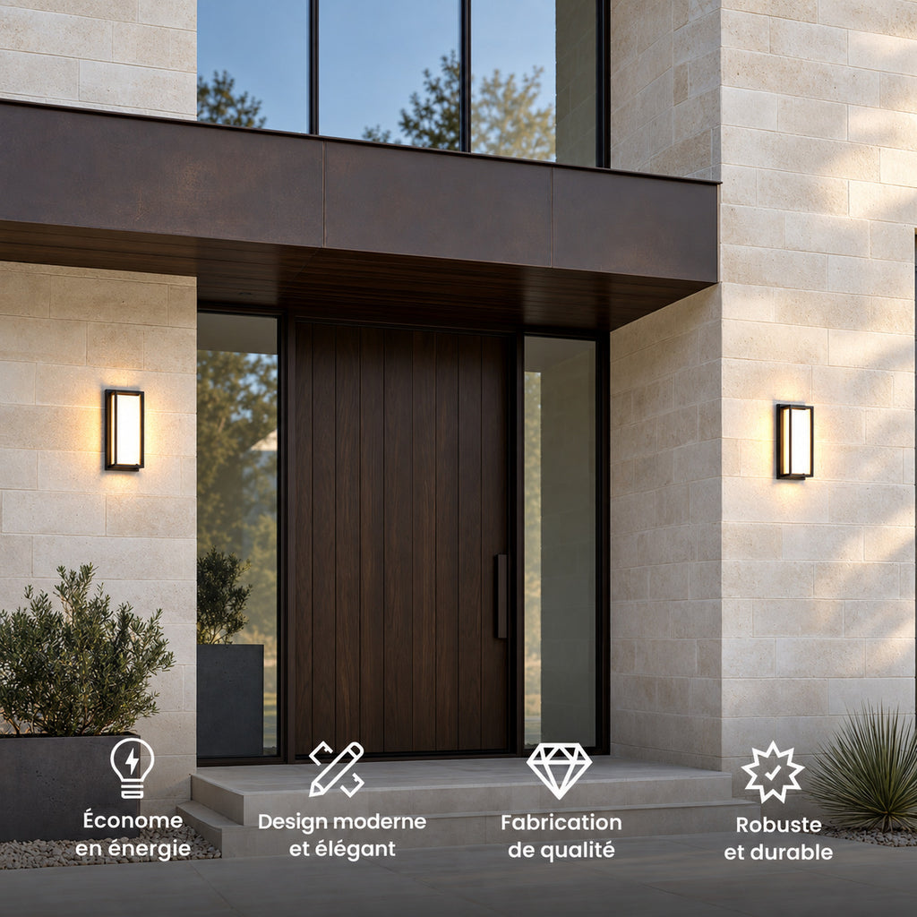 Deux appliques noires encadrant une porte d’entrée : économe en énergie, design moderne, fabrication de qualité, robuste et durable
