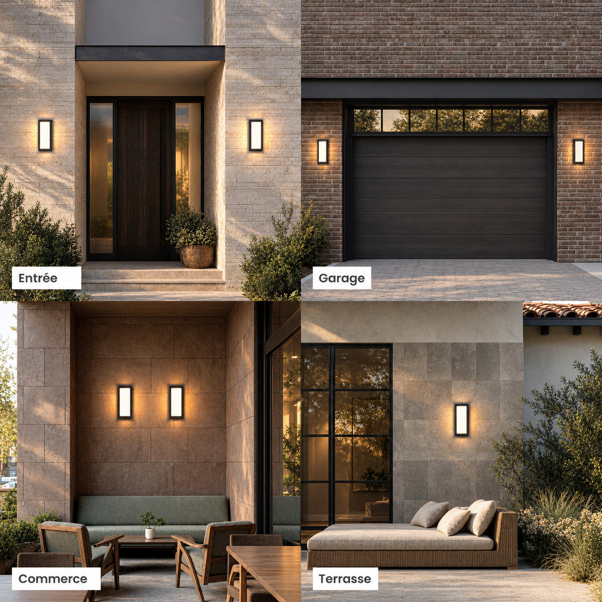 Applique rectangulaire noire posée sur une entrée, un garage, la façade d’un commerce et une terrasse