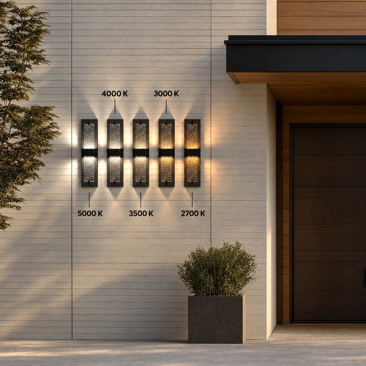 Cinq appliques allumées en 5000 K, 4000 K, 3500 K, 3000 K et 2700 K : 5 teintes de lumière au choix, applique dimmable
