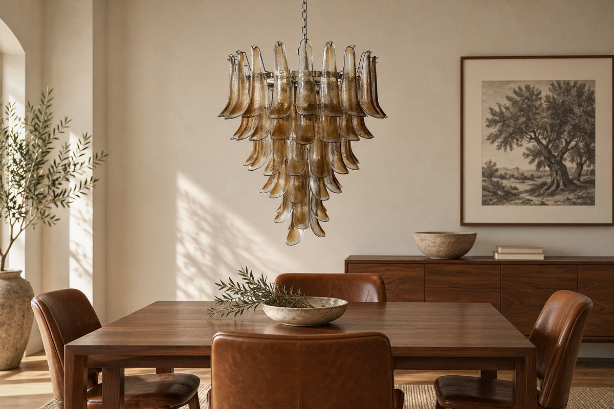 Solenne Glass Chandelier amber glass chandelier in a dining room by day, switched off (AI-generated scene)