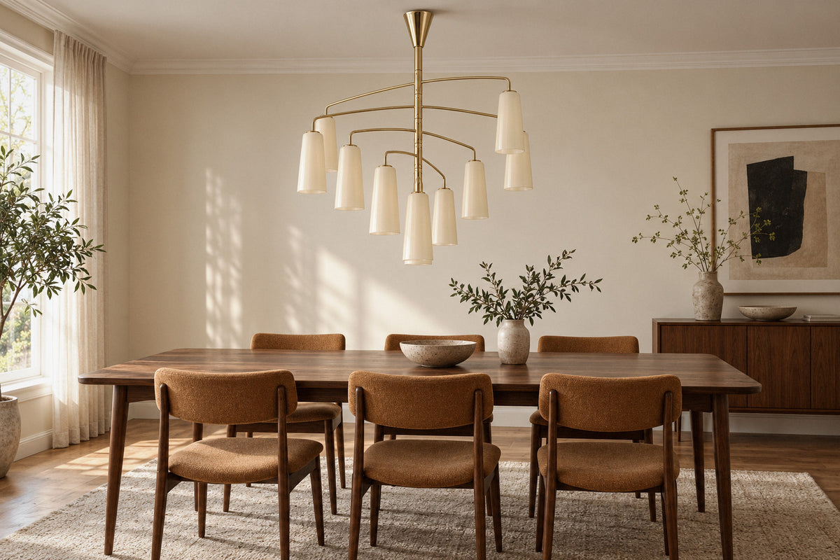 Spiral Chandelier glass and iron chandelier in a dining room by day, switched off (AI-generated scene)