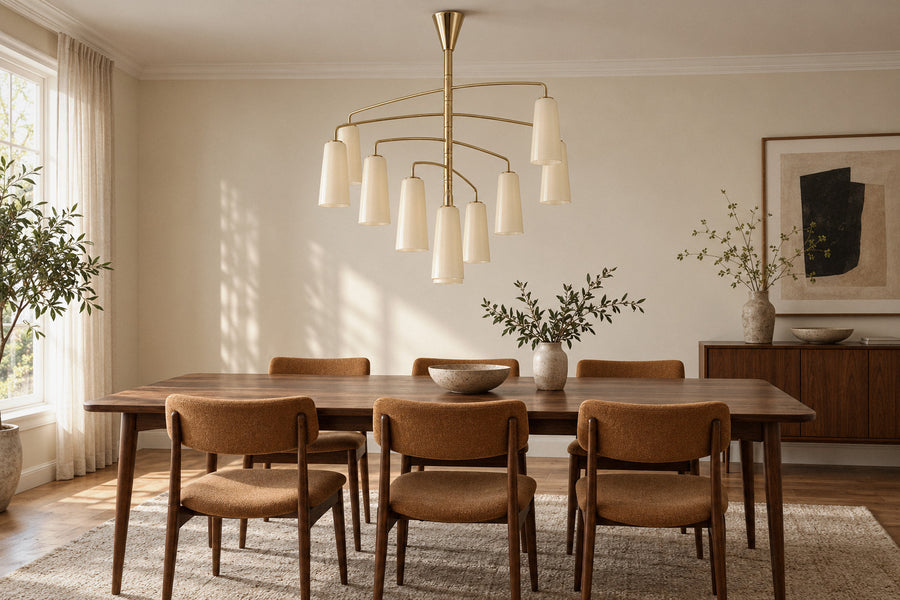 Spiral Chandelier glass and iron chandelier in a dining room by day, switched off (AI-generated scene)