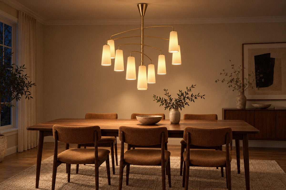 Spiral Chandelier glass and iron chandelier in a dining room at night, lit (AI-generated scene)