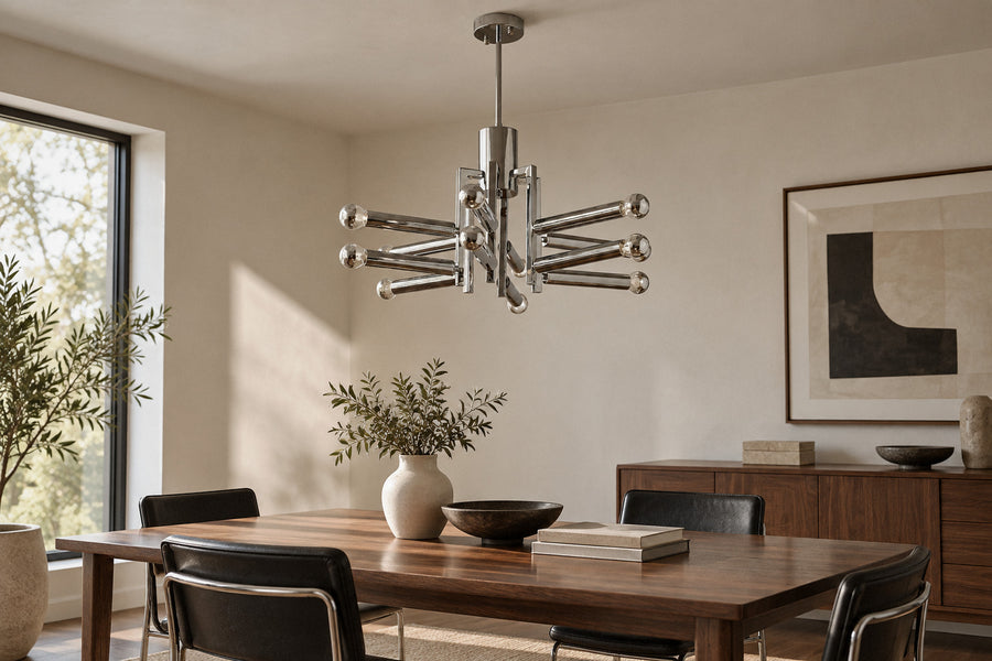 Sputnik Chrome Chandelier chrome iron chandelier in a dining room by day, switched off (AI-generated scene)