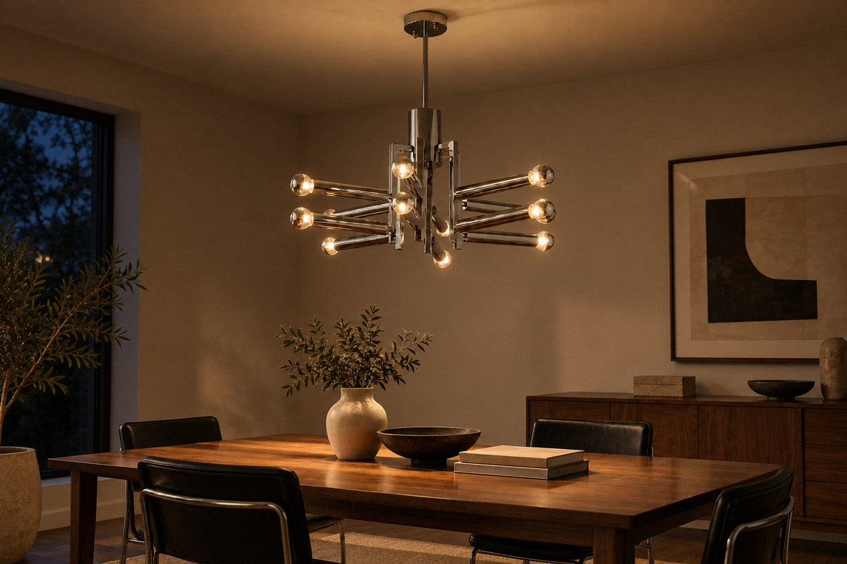 Sputnik Chrome Chandelier chrome iron chandelier in a dining room at night, lit (AI-generated scene)