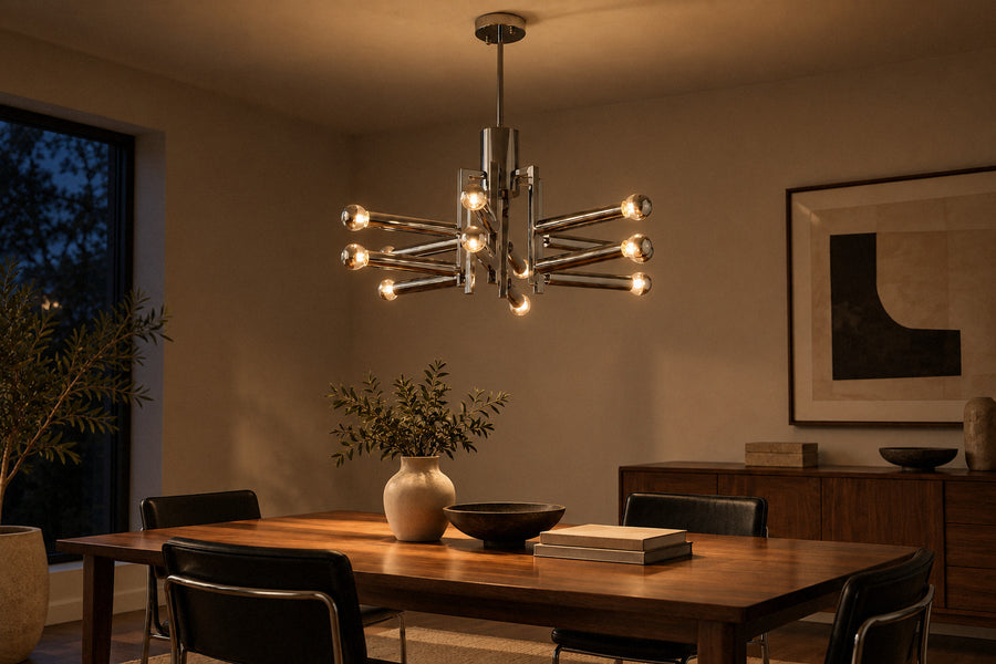 Sputnik Chrome Chandelier chrome iron chandelier in a dining room at night, lit (AI-generated scene)