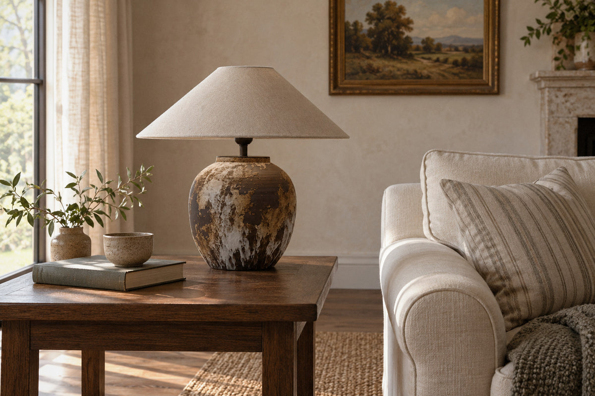 Textured Ceramic Jar ceramic table lamp in a living room by day, switched off (AI-generated scene)