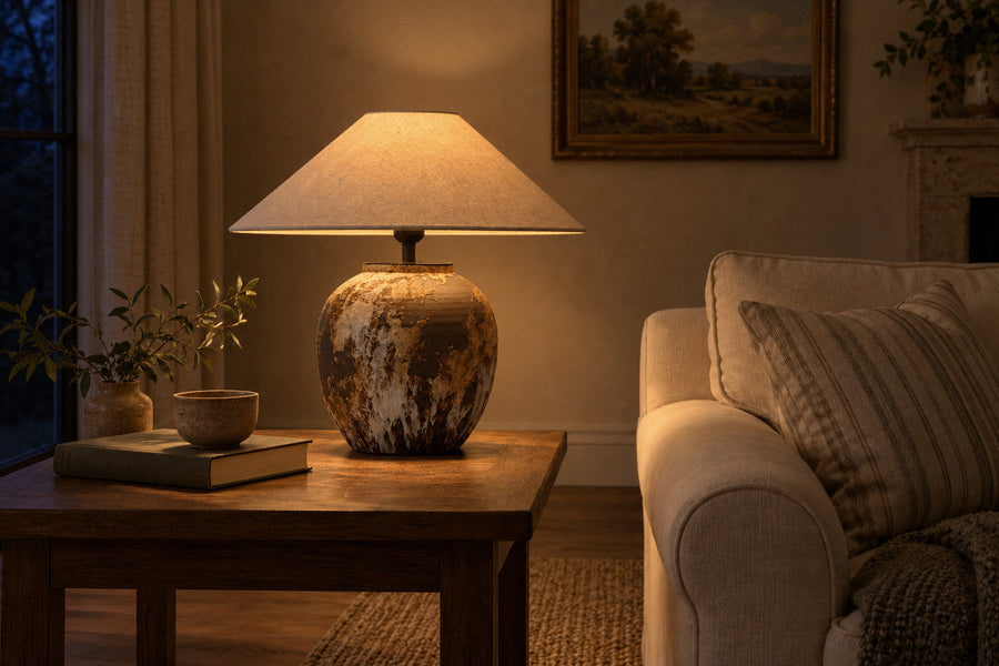 Textured Ceramic Jar ceramic table lamp in a living room at night, lit (AI-generated scene)