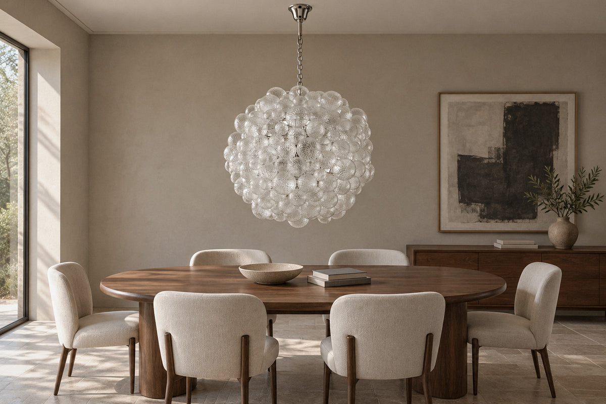 Vavais Bubble Glass Chandelier in a dining room by day, switched off (AI-generated scene)