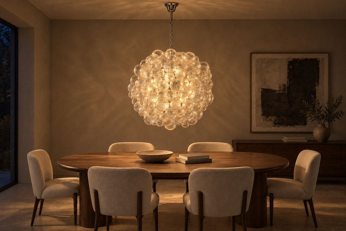 Vavais Bubble Glass Chandelier in a dining room at night, lit (AI-generated scene)