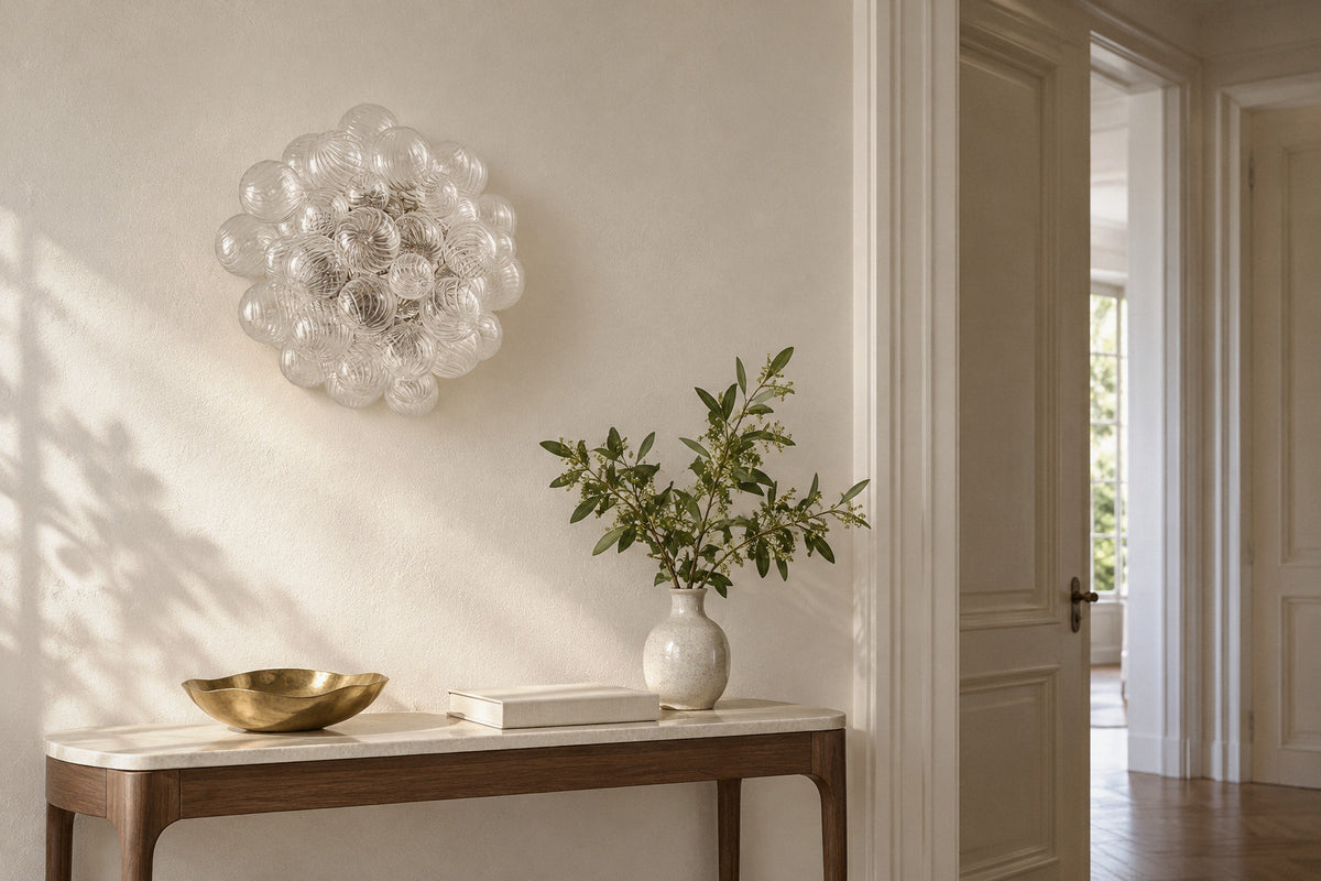 Vavais Globe Bubble glass wall sconce in a hallway by day, switched off (AI-generated scene)